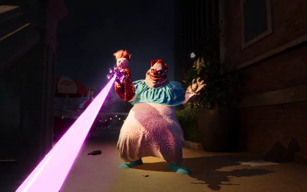 HD desktop wallpaper of a scene from Killer Klowns from Outer Space: The Game, featuring a menacing clown shooting a pink laser in a dark, eerie setting.