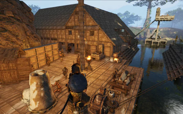 HD desktop wallpaper featuring an immersive scene from the video game Soulmask, displaying a detailed medieval village with wooden buildings, a waterway, and characters engaged in various activities.