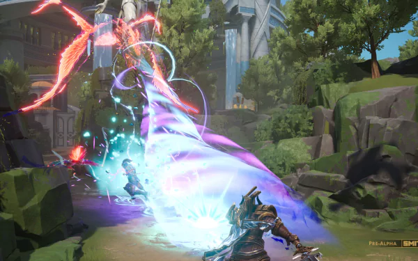 A captivating HD desktop wallpaper featuring an intense battle scene from the video game Smite 2, showcasing powerful energy attacks and dynamic combat in a lush, detailed environment.