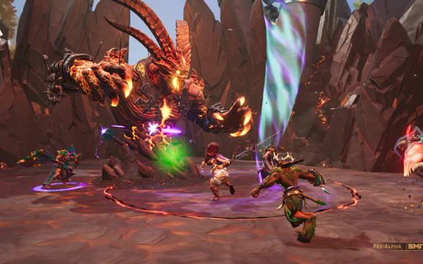 HD desktop wallpaper featuring an intense battle scene from the video game Smite 2, showcasing characters engaging a massive fiery monster in a rocky terrain.