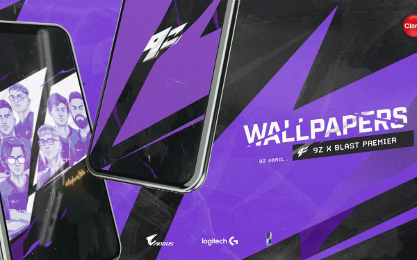 HD desktop wallpaper featuring esports team 9z Globant with a dynamic purple design. Text reads WALLPAPERS 9z x BLAST PREMIER alongside the team's logo and stylized images.