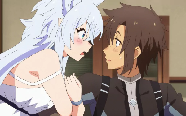 HD desktop wallpaper featuring characters from the anime Chillin' in Another World with Level 2 Super Cheat Powers, with a close-up of two characters in an intense moment.