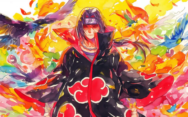 HD wallpaper featuring Itachi Uchiha from Naruto, clad in Akatsuki robes, surrounded by vivid, colorful artwork and birds.
