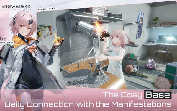 HD desktop wallpaper featuring Snowbreak: Containment Zone. Two characters are shown interacting in a cozy, futuristic base with the text Daily Connection with the Manifestations displayed prominently.