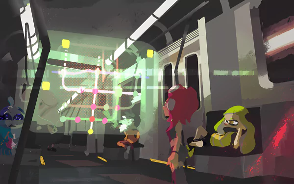 A vibrant 4K Ultra HD Splatoon 2: Octo Expansion scene set inside a subway car, showcasing colorful characters and dynamic lighting for PC desktop wallpaper.