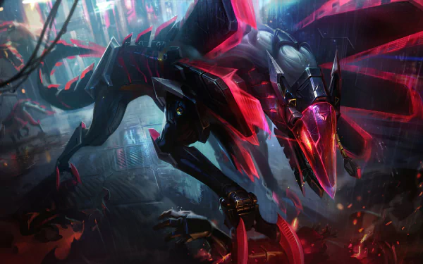 HD desktop wallpaper of Naafiri from League of Legends, featuring a dynamic and vivid depiction of the character in a futuristic, neon-lit setting.