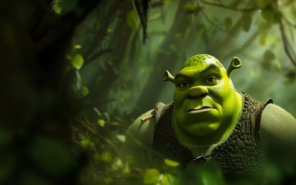 HD desktop wallpaper featuring Shrek, the ogre character from the movie, standing in a lush, green forest with a thoughtful expression on his face.