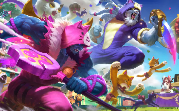 A vibrant HD desktop wallpaper featuring characters from the video game League of Legends, including Yorick from the Pentakill band, amidst a colorful, lively battle scene with fantastical elements.