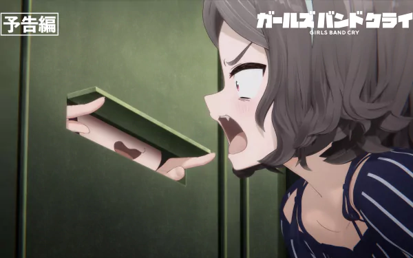 HD desktop wallpaper featuring an intense scene from the anime Girls Band Cry with a girl reacting strongly to an arm reaching through a door slit.