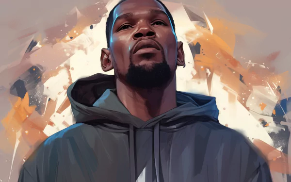 HD desktop wallpaper and background featuring Kevin Durant in a hoodie, with an abstract artistic backdrop.