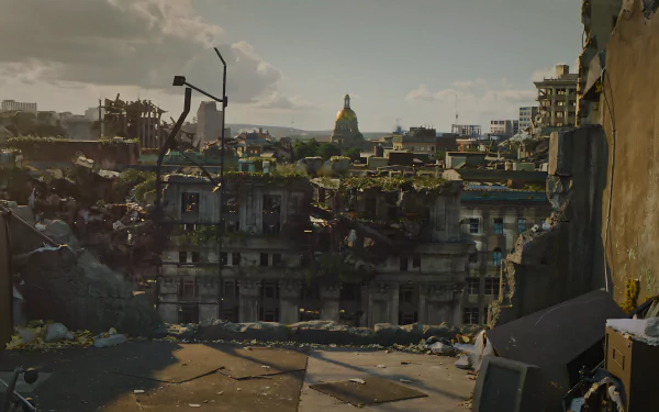 8K Ultra HD desktop wallpaper of a post-apocalyptic cityscape from The Last Of Us, featuring ruined buildings under a cloudy sky.