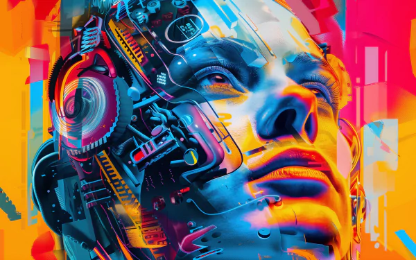 HD artistic sci-fi wallpaper and background featuring a futuristic, cybernetic face with vibrant, colorful elements integrated into its design.