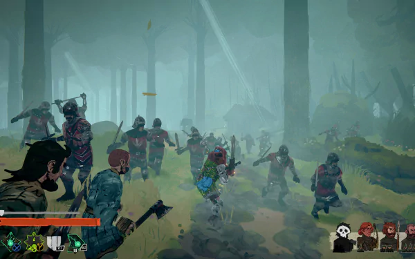 HD desktop wallpaper of the video game Tears of Metal, featuring a battle scene with characters in a misty, forested landscape.