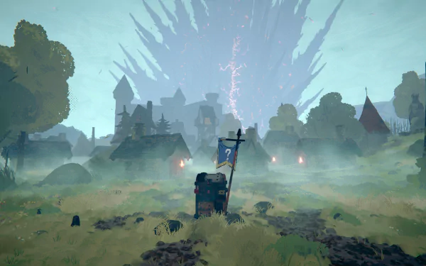 HD desktop wallpaper and background from the video game Tears of Metal featuring a misty village with a large energy explosion in the sky.