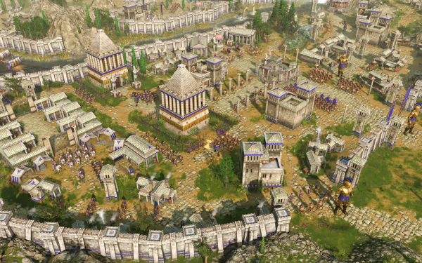 HD desktop wallpaper from the video game Age of Mythology: Retold, showcasing an intricately detailed ancient city with majestic architecture and bustling activity.