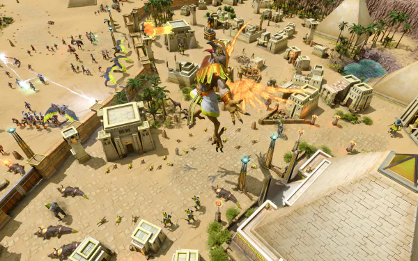 A vibrant HD desktop wallpaper from the video game Age of Mythology: Retold, showcasing an intense battle scene in an ancient city with mythological creatures and warriors.