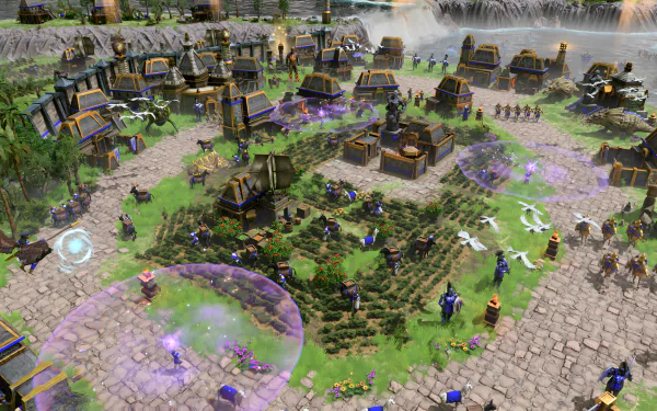 HD desktop wallpaper and background from the video game Age of Mythology: Retold, depicting an ancient city with buildings, units, and mystical elements in vibrant detail.