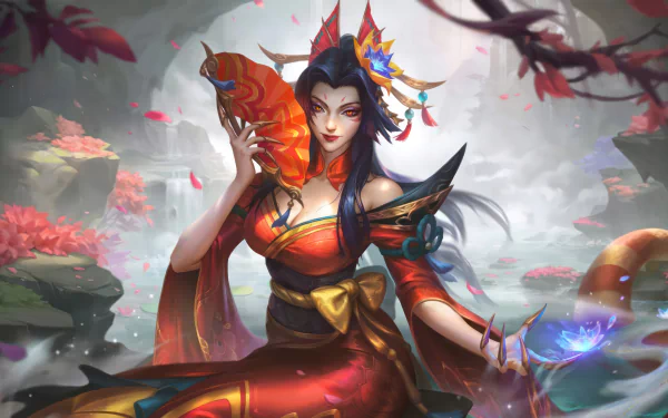 HD desktop wallpaper featuring Cassiopeia from League of Legends, depicted in vibrant attire with a mystical background, surrounded by lush nature and cherry blossoms.