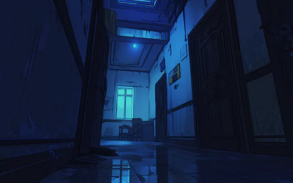 A HD anime wallpaper featuring a dimly-lit, lonely hall with a door ajar, reflecting a melancholic atmosphere. The hall is detailed with reflections and shadows, enhancing the mood.