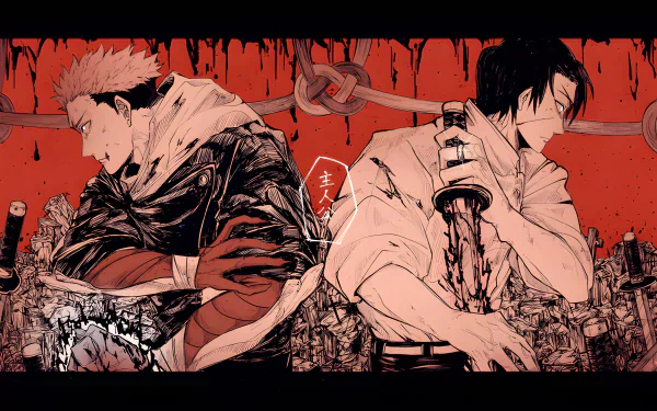 HD desktop wallpaper featuring Yuji Itadori and Yuta Okkotsu from the anime and manga series Jujutsu Kaisen, set against a vibrant red background.