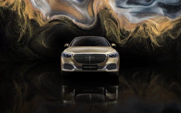 HD desktop wallpaper featuring a front view of a Mercedes-Maybach S 680, set against a vibrant, swirling abstract background.