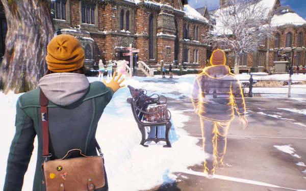 HD desktop wallpaper featuring a scene from the video game Life is Strange: Double Exposure, depicting a character extending a hand towards a glowing, transparent figure in a snowy campus setting.