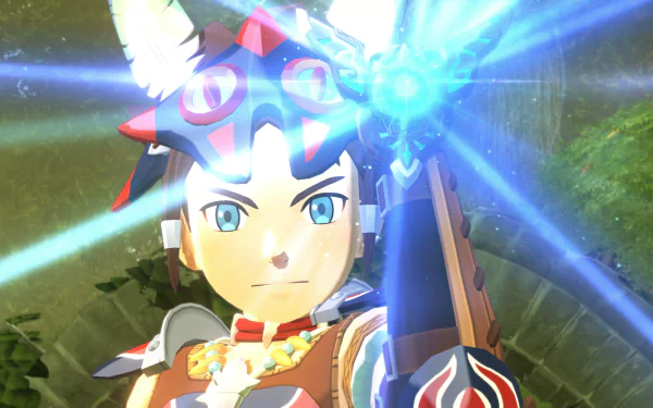 A high-definition desktop wallpaper featuring a character from the video game Monster Hunter Stories 2: Wings of Ruin, depicted with a glowing blue weapon and intense expression.