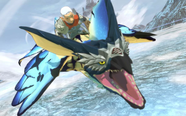 HD desktop wallpaper of Monster Hunter Stories 2: Wings of Ruin, featuring a rider on a fierce, blue-winged monster soaring over an icy landscape.