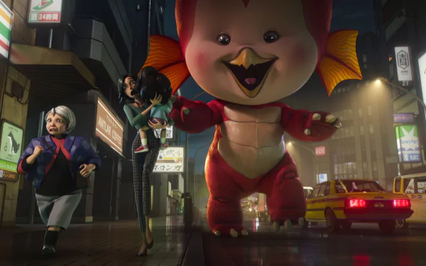 HD wallpaper of Ultraman: Rising movie, featuring characters running from a giant, playful red creature in a vibrant city street at night.