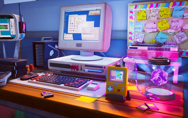 A vibrant HD desktop wallpaper showcasing a retro gaming setup with a vintage computer, a handheld console, and colorful post-it notes on the background board, tagged under video game and Screenbound.