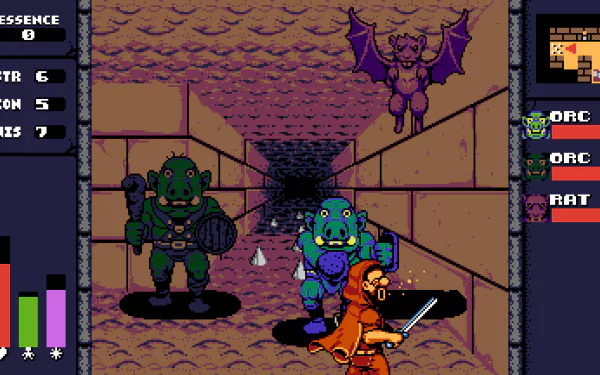 HD desktop wallpaper of the video game UFO 50, featuring a pixel art dungeon scene with an adventurer, orcs, and a bat-like creature. Stats and character icons frame the sides of the image for a retro gaming vibe.