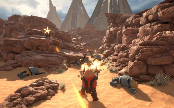 HD desktop wallpaper and background featuring a scene from the video game Killer Bean, showcasing an intense battle amidst rocky terrain with a character shooting at enemies.