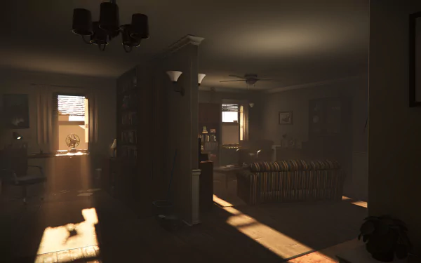 HD desktop wallpaper and background featuring a dimly lit room from the video game Autopsy Simulator. The room showcases realistic lighting and shadow effects, enhancing the immersive atmosphere.