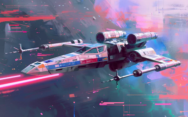 An HD desktop wallpaper featuring a vibrant Star Wars X-Wing spaceship flying through a colorful sci-fi backdrop.
