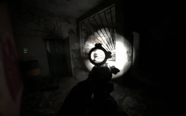 HD desktop wallpaper featuring a bodycam perspective from a first-person shooter video game, showcasing a rifle's sight aimed towards a dimly lit, graffiti-covered urban environment.