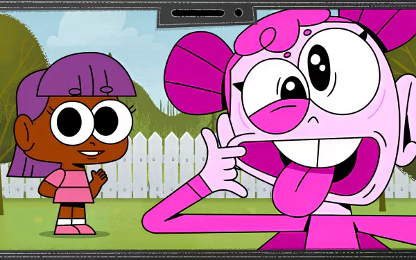 A vibrant HD desktop wallpaper featuring characters from the video game BLUD. One character playfully sticks their tongue out while another smiles in the background, set against a picket fence and trees.