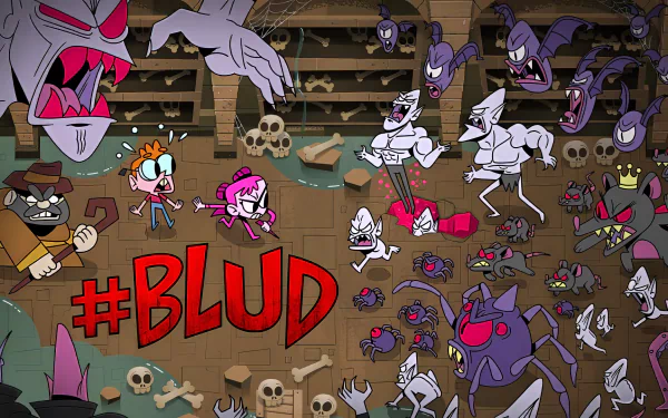 HD wallpaper featuring characters and monsters from the video game BLUD, with vibrant and detailed illustrations set in a dark, dungeon-like environment.