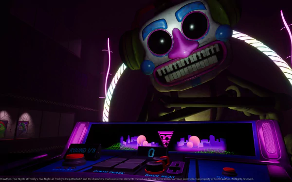 HD desktop wallpaper featuring a scene from the video game Five Nights at Freddy's: Help Wanted 2, showcasing a sinister animatronic face and a control panel with vibrant neon lights.