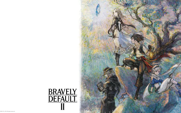 Bravely Default II 4K Ultra HD PC desktop wallpaper and background: watercolor-style artwork of four characters on a twisted tree with the game's logo on a white panel.