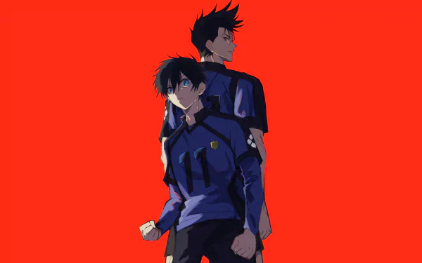 HD desktop wallpaper featuring Isagi Yoichi and Shouei Barou from the anime Blue Lock, standing back-to-back against a bold red background.