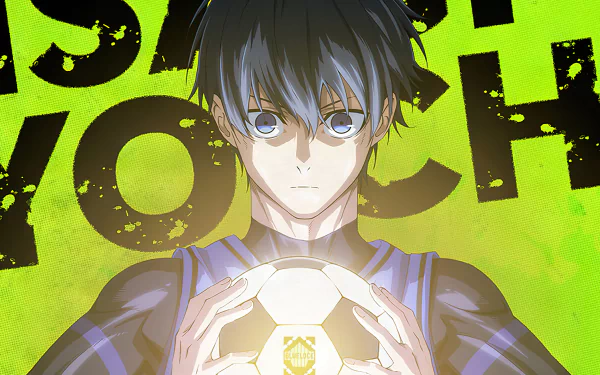 HD desktop wallpaper featuring Isagi Yoichi from the anime Blue Lock, holding a glowing soccer ball with a vibrant green background and his name in bold letters.