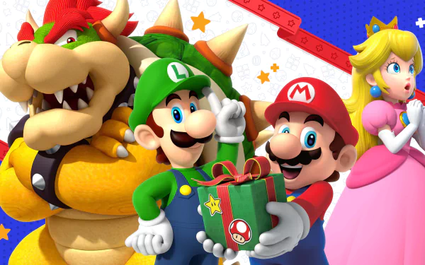 Super Mario 4K Ultra HD PC desktop wallpaper and background: Mario and Luigi hold a wrapped gift while Bowser grins and Princess Peach watches against a bright, starry patterned backdrop.