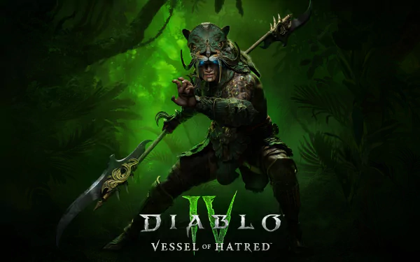 HD desktop wallpaper and background featuring a character from Diablo IV: Vessel of Hatred, posed in a dark, green forest setting.