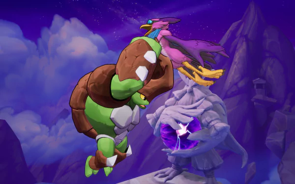 HD wallpaper featuring characters from the video game Rivals 2 in an action scene with a mountainous, purple landscape background.