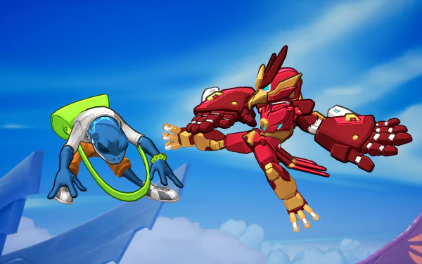 HD desktop wallpaper and background featuring two dynamic characters from the video game Rivals 2 mid-action against a vivid blue sky.