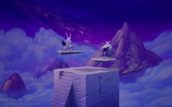 HD desktop wallpaper featuring a scene from the video game Rivals 2. The image depicts two white statues on platforms in a mystical, mountainous and cloud-filled landscape under a starry purple sky.