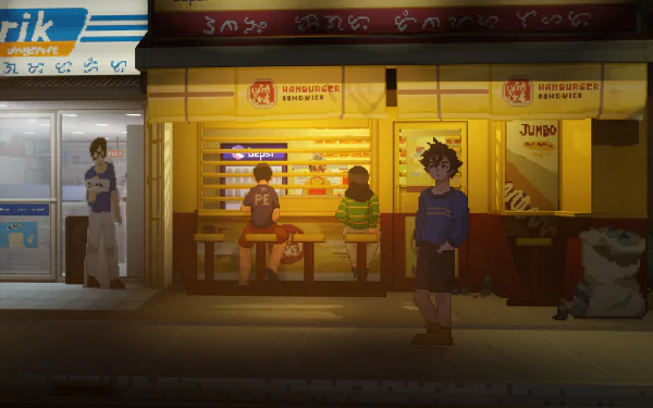 HD desktop wallpaper featuring a scene from the video game Until Then, showing characters standing outside and sitting at a brightly lit food stall in the evening.