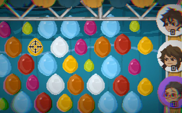 HD desktop wallpaper showcasing a scene from the video game Until Then with colorful balloons and character avatars on the right side.