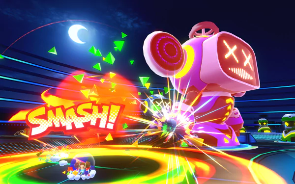 HD desktop wallpaper and background featuring Super Monkey Ball Banana Rumble, showing vibrant in-game action with a futuristic setting and colorful graphics.