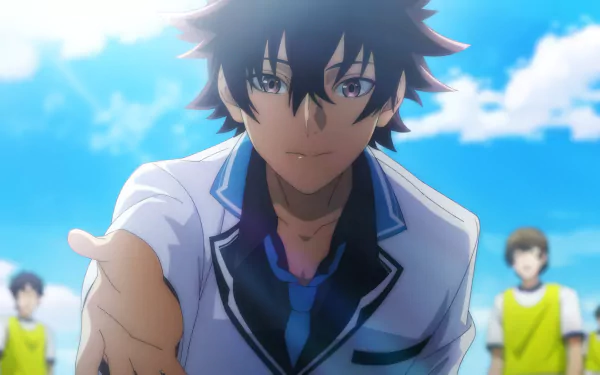 A character from I Got a Cheat Skill in Another World and Became Unrivaled in The Real World Too reaches out against a vibrant blue sky, set as a high-definition desktop wallpaper.